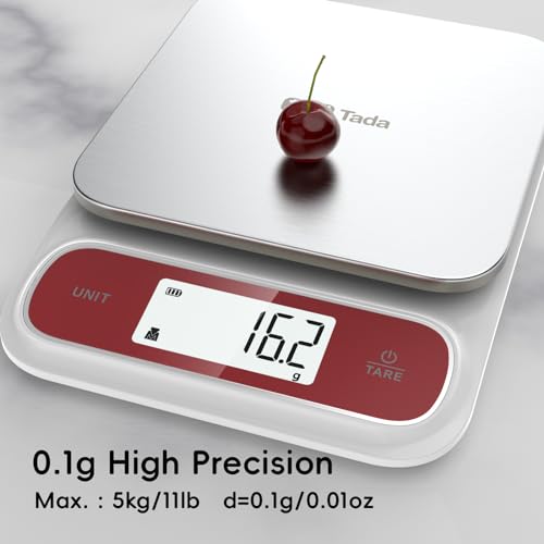 Tada 5kg Food Kitchen Digital Scale with 0.1g Precision IPX6 Waterproof, Type-C Charging, Ounces and Grams for Weight Loss, Cooking, Baking White+Red