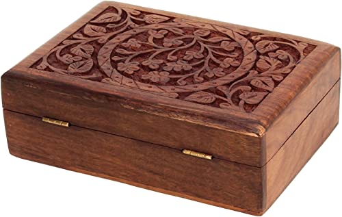 GURU JEE Hand Carved Wooden Jewelry Box For Women Keepsake Storage Organizer With Tree Of Life Patterns MONEY-PLANT_7X5