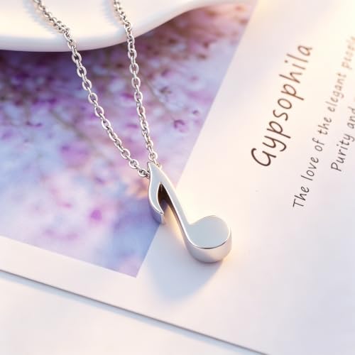 SIYUU Music Note Memorial Urn Pendant Ash Keepsake Necklace Stainless Steel Music Instrument Cremation Jewelry Silver