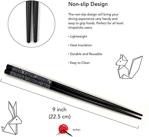 JapanBargain, 10-Pack of 5-Pair Bamboo Chopsticks Set, Dragonfly Japanese Design, Reusable Wooden Chop Sticks, 9 Inch, Dishwasher Safe, Utensil for Sushi Ramen Noodles Rice Bowls Asian Dining