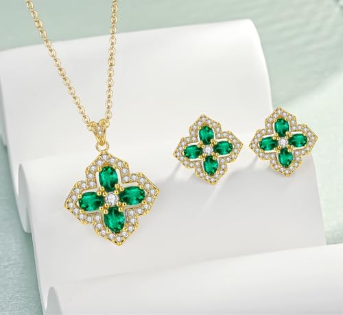 VONSSY Four Leaf Clover Necklace Earrings Shamrock Irish ST Patricks Jewelry Set Gift Green Emerald Zircon Crystal Stud 18k Gold Plated Chain Saint Pendant for Woman Wife Girlfriend ER-Gold