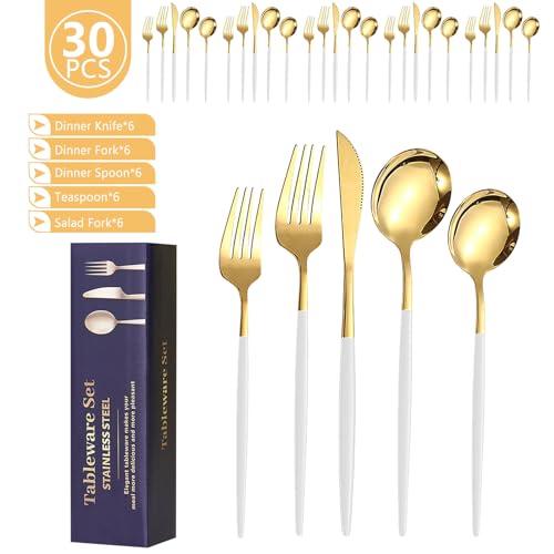 Kawlity Stainless Steel Serving Flatware Durable White & Gold Polished Knives Spoon Forks 30 Pcs Utensil Dinner Tableware, for Kitchen Dishwasher Adults and Children Ideal Gift White Gold
