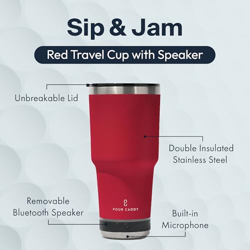 Vibe Tumbler with Bluetooth Speaker, Insulated Stainless Steel Travel Cup with Lid, Hot and Cold Drink Cup, Removable Speaker with Microphone, Portable Music Tumbler, 28 oz, Red