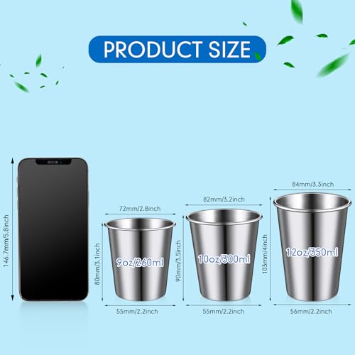 Baderke 16 Pack Stainless Steel Cups and Adult Pint Tumbler Metal Cups Stackable Tumbler Shatterproof Metal Drinking Glasses for Travel Outdoor Camping(12 oz,Silver) 12 oz Silver
