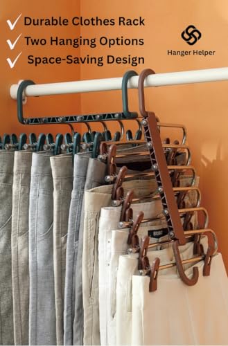 Hanger Helper Space Saving Pants Hanger, Vertical Closet Organizer Holds 6 Pairs, Foldable Multi-Layer Clothes Hanger for Jeans, Leggings, Trousers & Skirts, Closet Storage Organizer (Blue)