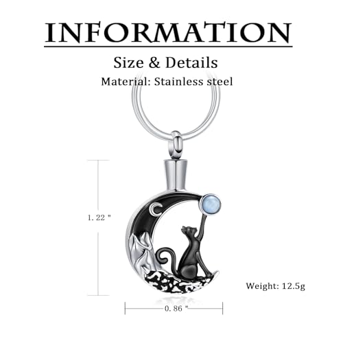 constantlife Cat Moon Urn Necklace for Women Pet Cremation Jewelry for Ashes Stainless Steel Pendant Funeral Keepsake Loved Ones Memorial Gift Black Keychain