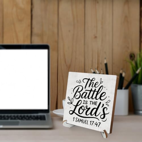 Inspirational Christian Desk Decor Wood Sign, Religious Gifts, Bible Scripture Desk Decorations Faith Based Gifts for Women Sister Friend Office Work Bedroom Home Decor Wooden Plaque With Stand Battle 742