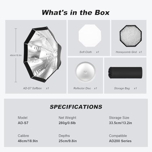 Godox AD-S7 48cm/18.9inch Softbox for Godox AD200 AD200Pro AD200Pro II AD360II, Quick Set up Release Soft Box with Grid Diffuser Carry Bag