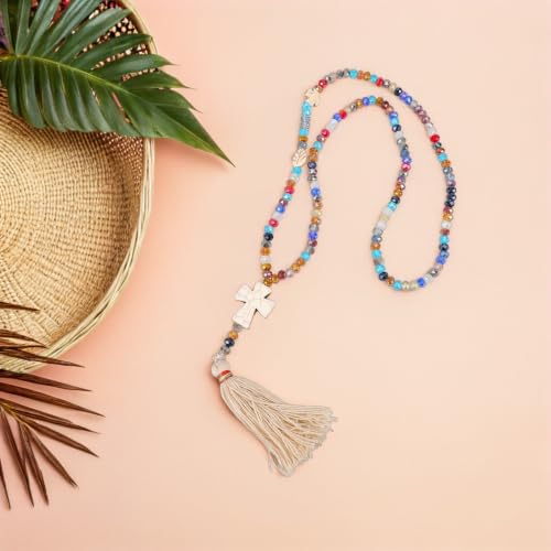 2pcs Bohemian Crystal Cross Pendant Necklace with Turquoise Tassel