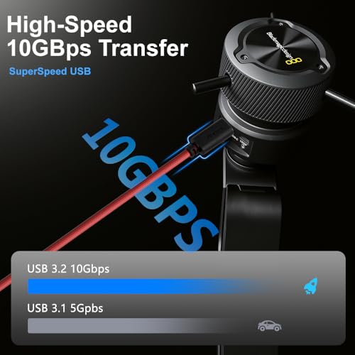 Alvin's Cables Ultra-Flexible Locking USB-C to USB-C Data-Transfer Cable for Blackmagic Pyxis Monitor, URSA Cine EVF, USB-C 3.2 10Gbps High-Speed Cable for Blackmagic Micro Studio 4K G2, 3.3ft Red Straight to Right Angle