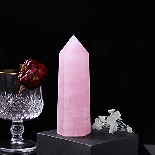 Runyangshi Large Rose Quartz Natural Healing Crystal Wand 4.72"-5" Crystals Tower 6 Faceted Single Point Crystal Prism Wand Natural Stones for Meditation Reiki Chakra Therapy Home Decor Gift 12-13cm