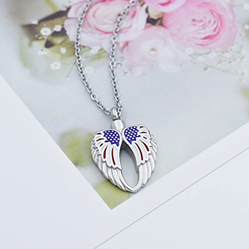 Angel Wings Feather Heart with American Flag Cremation Pendant Jewelry for Human Ashes Urn Holder Keepsake Jewellery Silver