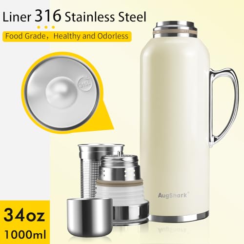 34oz Retro Classic Thermoses – Upgraded Leakproof Mechanical Temp Gauge & Polished Handle Stainless Steel Water Jug for Home, Office, Camping Keeps Cold 36h Hot 24h White