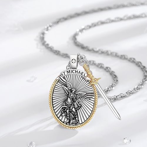 CELESTIA St Michael Pendant for Men Sterling Silver St Michael the Archangel Necklace Medal Jewelry Saint Michael Pendant Protect Us Amulet Necklace Fathers Mothers Day Gifts for Men Son Dad Him