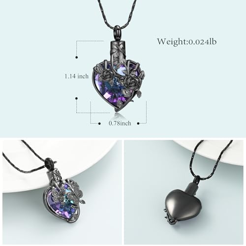 Imrsanl Rose Flower Crystal Heart Urn Necklace for Ashes Black-Purple