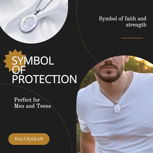 Halukakah 925 Sterling Silver Saint Michael Necklace Medal for Men - Religious Jewelry Pendant Medallion with 45cm Chain - For Protection,Religious Occasions,and Gifts,Includes Bible Card and Gift Box