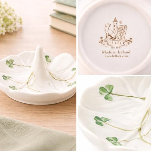 Belleek Classic Shamrock 4.4-Inch Ring Holder Dish, Handcrafted Parian China Jewelry Tray, Irish Decor, White
