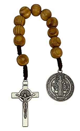 Treasure4U-Store Saint Benedict Medal Prayer Pocket Rosary Catholic Brown Wood Beads San Benito Tenner Open Style One Decade Rosary