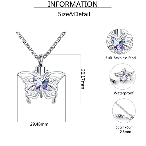 Now She Flies with Butterfly Cremation Urn Necklace for Ashes Stainless Steel Animal Memorial Urn Pendant Keepsake Gift Butterfly animal