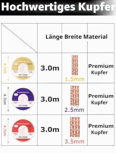 Pack of 3 Desoldering Braids - Copper Desoldering Wire (1.5 mm x 3 m, 2.5 mm x 3 m, 3.5 mm x 3 m) | Ideal for Desoldering and Removing Solder at Solder Points | High Thermal Conductivity Soldering Braid