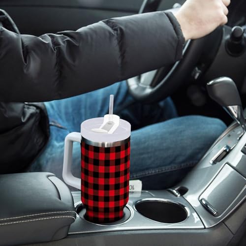 Red and Black Plaid Xmas Check Tumbler with Handle and Straw Leak Proof Tumbler 2 in 1 Lid Insulated Water Bottle Tumblers Stainless Steel Cup Large Travel Mug Cups, Gifts for Women Man, 40oz Red and Black Xmas Plaid 40 Ounces