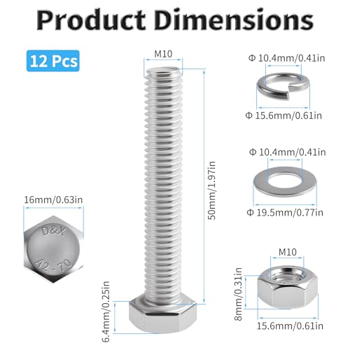 FOCMKEAS M10-1.5×50 full-thread hex bolts with nuts and washers, 12-piece set