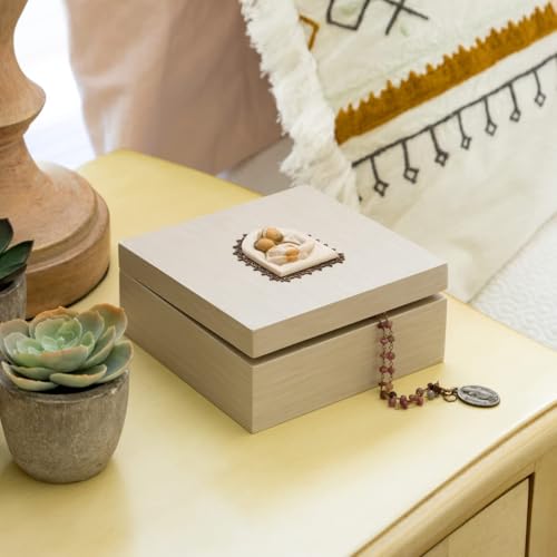 Hand-painted Willow Tree Holy Family memory box with bas relief design, decorative antique wood box for keepsakes.