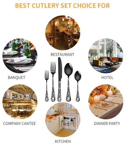 XIAOYU 20-Piece Bizarre Flatware Set, Gothic Skull Silverware Set for 4, Skeleton Flower Unique Pattern Design, Knives/Forks/Spoons Cutlery Set Halloween Event Tableware Utensils, Black
