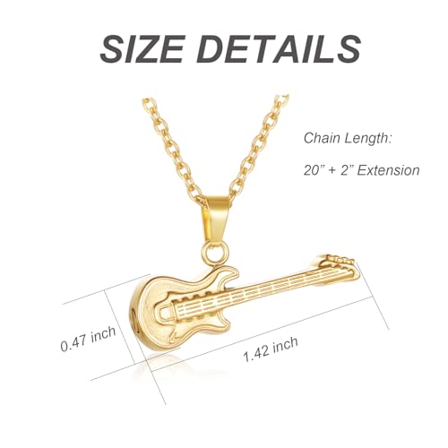 Guitar Cremation Jewelry for Ashes, Stainless Steel Guitar Shaped Urn Necklace for Men Women, Music Memorial Keepsake Pendant with Screw-Thread Chamber for Loved One Gold