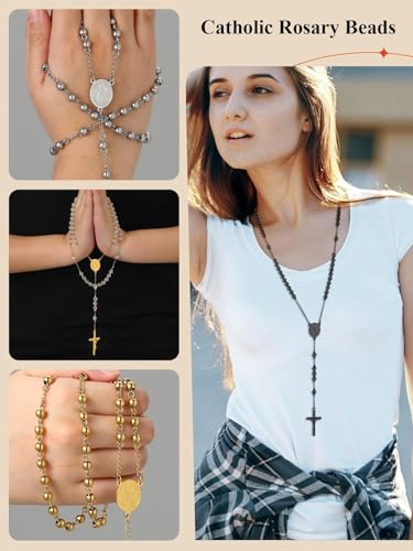 FaithHeart Rosary Beads Catholic Necklace for Men, St Michael/St Christopher/Virgin Mary Prayer Rosaries with Crucifix Cross Stainless Steel Praying Rosary Necklace Saint Michael-Black Steel Bead
