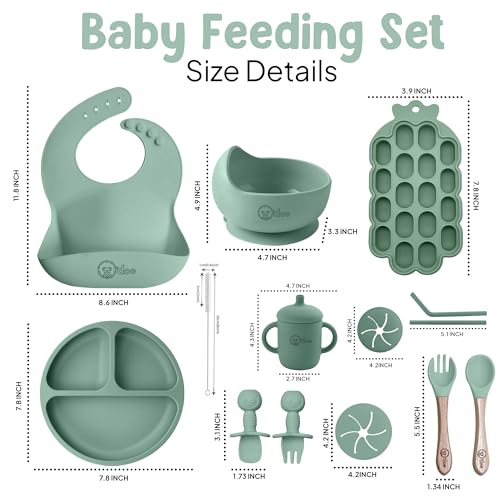 O'doe Baby Weaning Set – 15 Pcs Silicone Baby Feeding Set with Suction Plate, Bowl, Bib, Sippy Cup, Fruit Feeder & Freezer Tray – Baby Plates and Bowls Set for 3M+ | BPA-Free Baby Dishes & Utensils Green V5: Nurture Pack [15 Pieces]