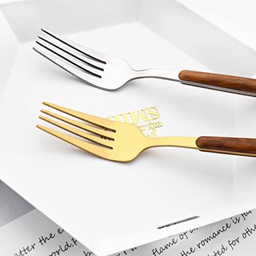 24 Pieces Wooden Handle flatware Set, Wood Stainless Steel Cutlery Set Dinner Knife Fork Spoon Teaspoon, Kitchen Utensils Silver Service For 6, Mirror Polish (Gold) Gold
