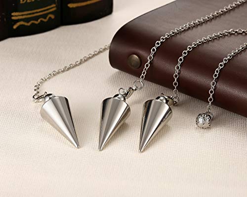 PESOENTH Copper Metal Dowsing Pendulum Divination Dower Reiki Healing Pendulum Chain,Silver Spiral Coil Point Meditation Yoga Balancing Pendant (Silver (Solid Cone)) Silver (Solid Cone)