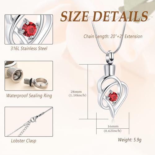 Cremation Jewelry Heart Urn Necklace for Human Ashes Double Heart with Crystal for Women Men Memorial Ashes Keepsake Pendant Silver-Red