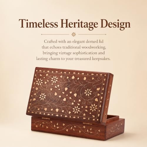 Ajuny Hand Carved Wooden Decorative Jewelry Storage Box with Floral Carvings Design Brass Inlay Keepsake Travel Treasure Chest Trinket Holder Organiser Great Gifts 8 x 5 Zoll
