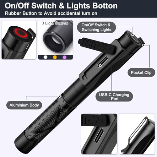 Diagnostic Light, Medical Pupil Light, Rechargeable USB, 3-Colour Light, Portable LED Pen Lamp with Pocket Clip for Nurses, Students, Doctors klein