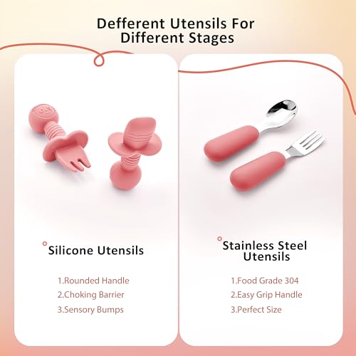 Bufims 9-piece pink silicone baby feeding set with flatware for baby led weaning, including bowls, spoons, and plates.