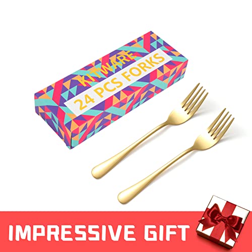 24 Piece Gold Silverware Forks, 8 Inch Metal Flatware, Mirror Polished, Food Grade Stainless Steel, Modern, Minimalist, Dishwasher Safe 24