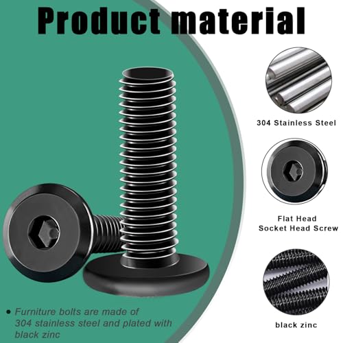 Taiss M6 x 15mm black zinc-plated countersunk furniture screws and bolts with hex spanner, 30-piece set