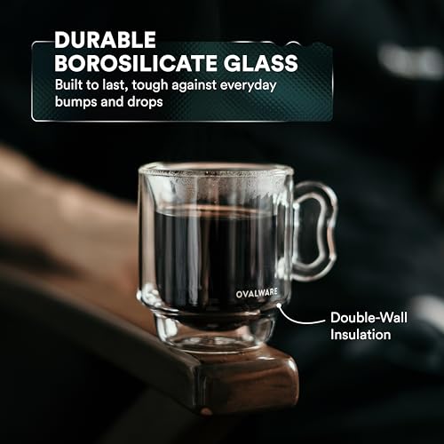 Set of four Ovalware 4oz espresso coffee cups with butterfly handles, featuring a sleek design and durable ceramic construction.