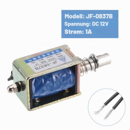 QUARKZMAN DC 12V 1A Solenoid Electromagnet Push Type 15N 10mm Stroke | Electromagnetic Actuator Open Frame Linear Motion JF-0837B Magnet Electromagnet, Black Cable