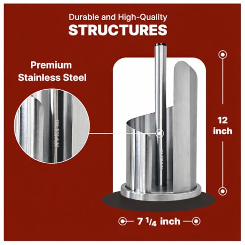 Stainless Steel Paper Towel Holder Countertop, Modern Covered Design, Weighted Base for Stability, Freestanding Easy One-Handed Operation for Kitchen & Bathroom (Brushed Silver)