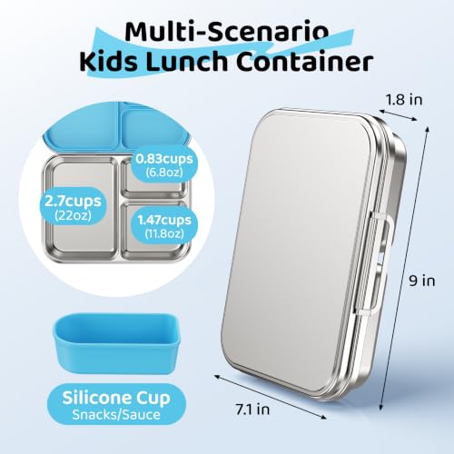 Pawtong Stainless Steel Bento Box for Kids and Adults, 3 Compartment Leakproof Lunch Box with Removable Silicone Seal and Silicone Contianer, Metal Lunch Container for School, Work and Travel (Blue) Blue