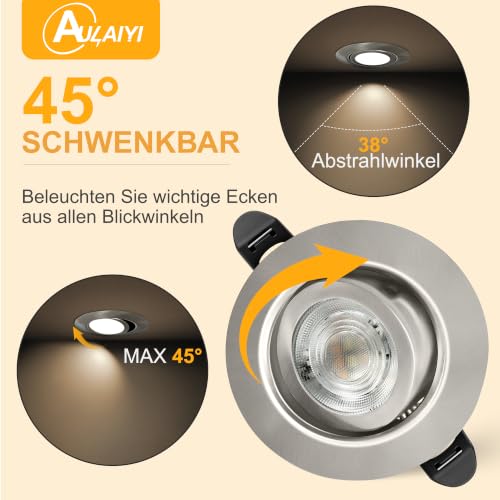 LED Recessed Spotlight 230 V Dimmable 68 mm 5.5 W IP44 LED Spot Ultra Flat | Ceiling Spots 45° Swivel Recessed Lights Warm White Neutral White Cool White Recessed Spots for Bathroom Living Room, Nickel 6-Piece Set