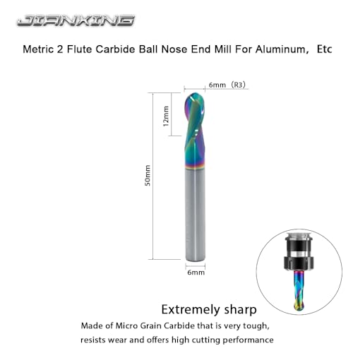 JIANXING 6mm R3 2-flute carbide ball nose end mill, 3-piece set