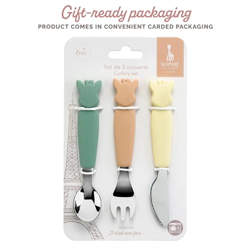 Sophie la girafe Baby Cutlery Set for Toddlers and Babies Easy Grip Fork Spoon and Rounded Safety Knife Stainless Steel First Feeding Utensils for Self Feeding