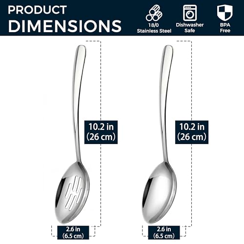 10.3-in Large Serving Spoons Set, 18/0 Stainless Steel, Heavy Duty, 2 Serving & 2 Slotted for Wedding Party Buffet Housewarming, Pack of 4