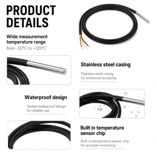 Pack of 5 DS18B20 Waterproof Temperature Sensor 1-Wire Digital Temperature Sensor 5 m Cable Compatible with Arduino Raspberry Pi Shelly Temperature Sensor for Industrial DIY Projects