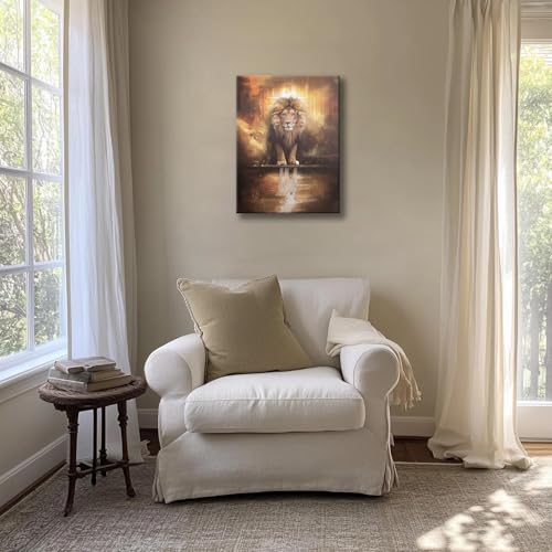 Framed Animal Print Majestic Lion Canvas Wall Art Spiritual Jungle Poster Inspirational Christian Painting Nature Wildlife Gallery Wrap Print for Home Decor 16x24 Inch Ready to Hang Lion and Lamb 16x24in
