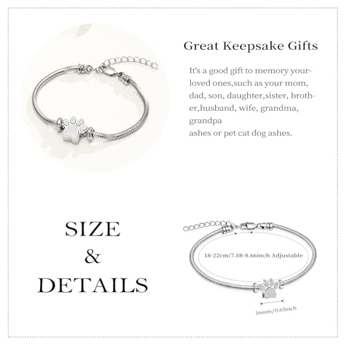 Urn Bracelet for Ashes for Women Men Dog Cat Paw Print Pet Cremation Jewellery Adjustable Memorial Keepsake Snake Link Bracelet silver